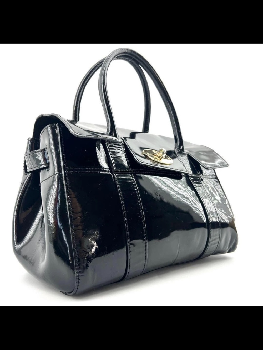 Mulberry Black Patent Leather Top-Handle Satchel with Gold-Tone Clasp